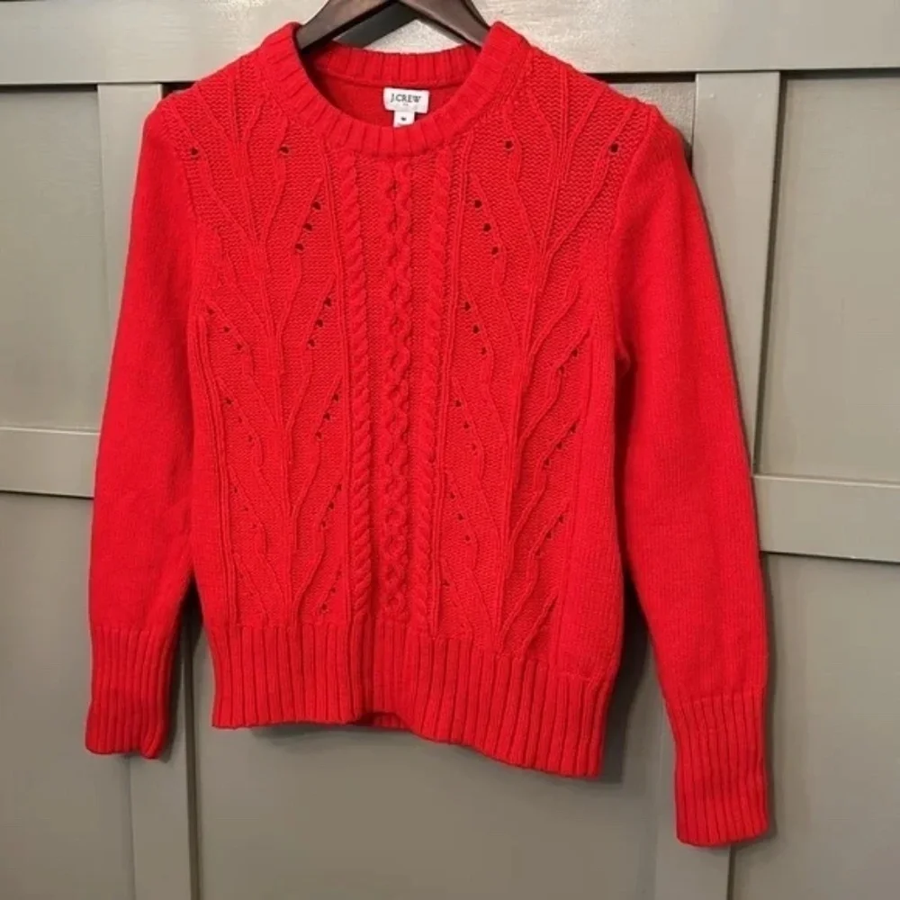 J. Crew Pointelle Cable Front Pullover Sweater Lambs Wool Red Size Medium